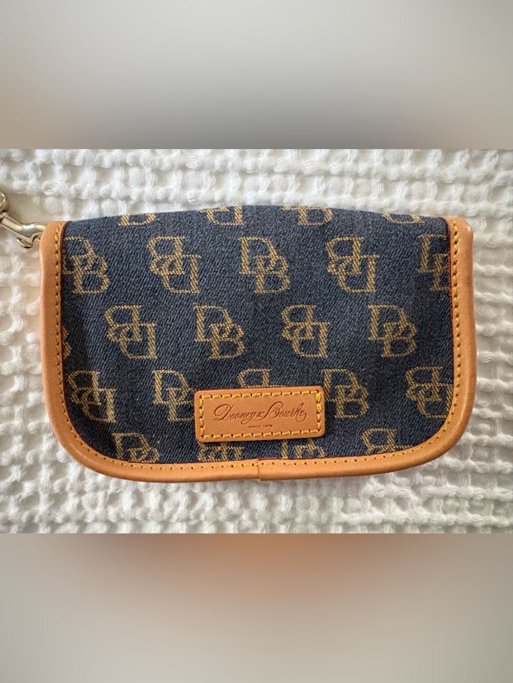 Dooney & Bourke Navy Monogram Wristlet with Tan Trim - Picture 3 of 5